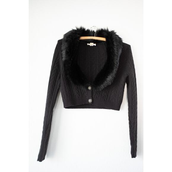 LOFT Sweaters - Fur Collar Cropped Cardigan Small Y2K Ann Taylor Loft